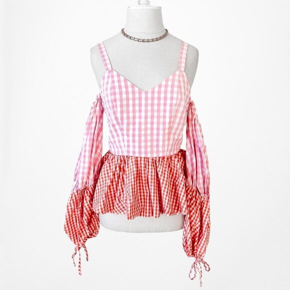 Pink Red Cold Shoulder Plaid Checkered Long Puffy Sleeve Peplum Top Size XS - Picture 6 of 9